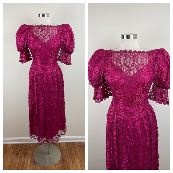 jcpenney Dresses Vintage Jcpenny Wine Red Pink Lace Floral Puff